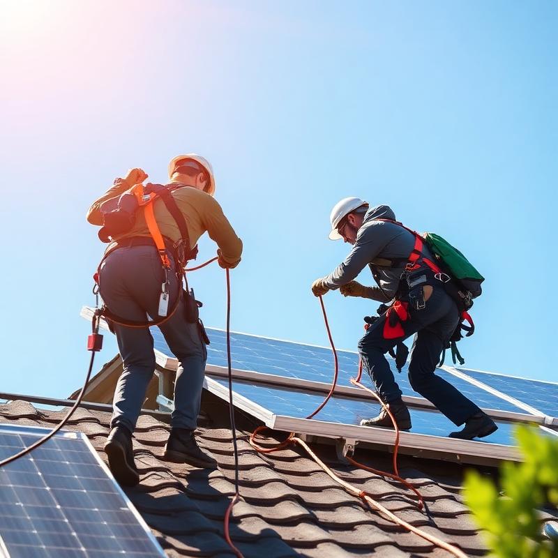 Installers mounting panels on a steep roof