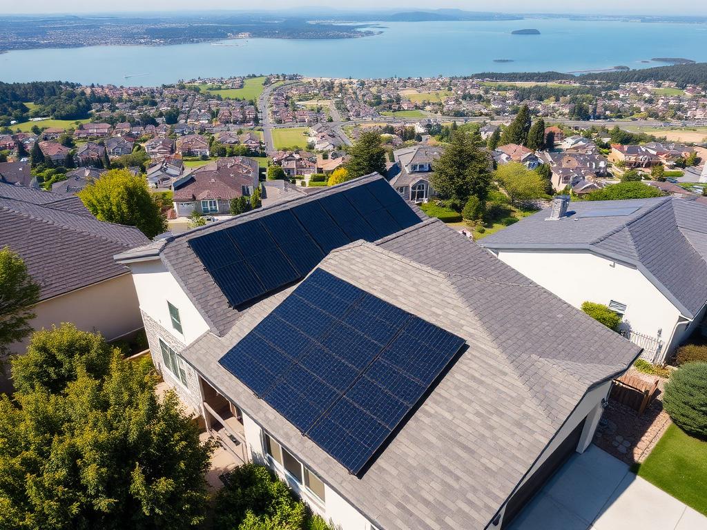 Rooftop solar array on a hillside home overlooking a bay