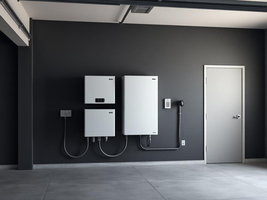 Home battery storage unit mounted in a garage